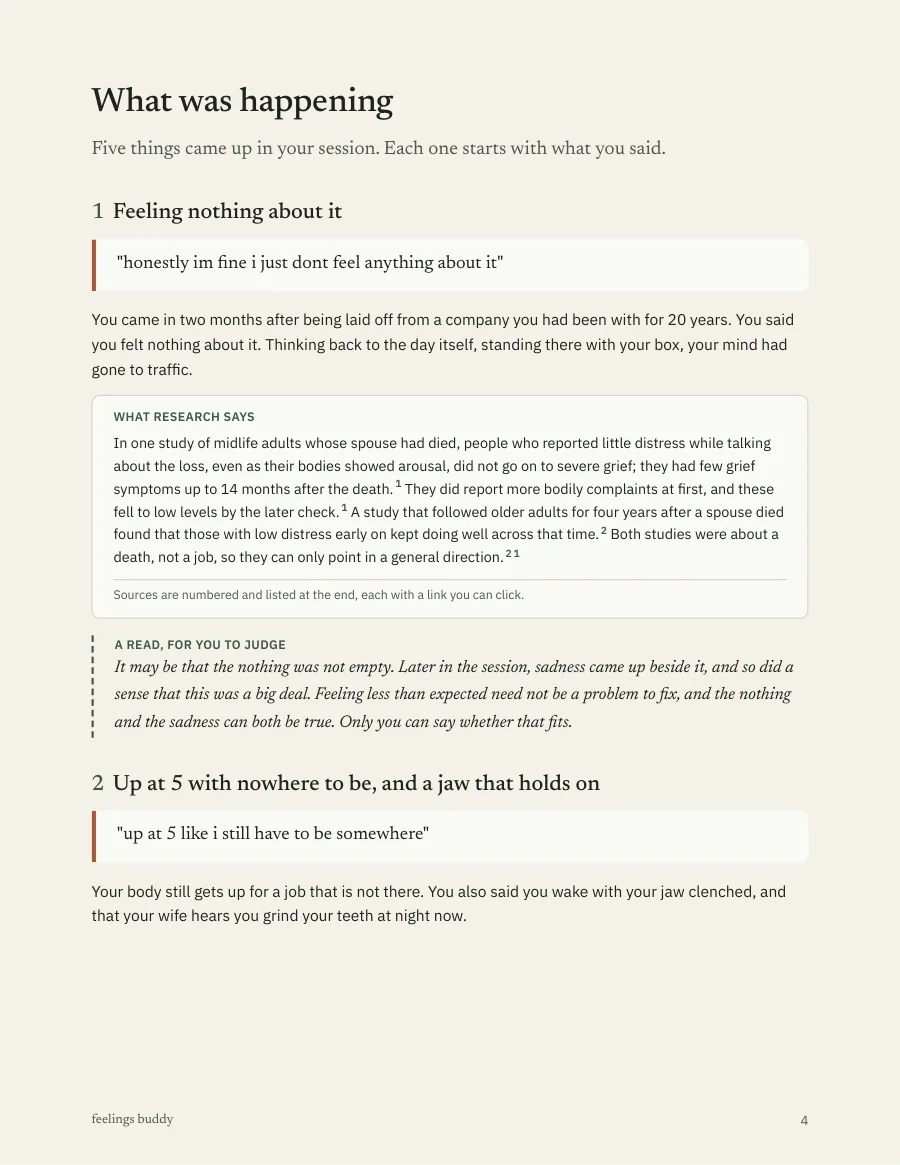 A page of the example research report: what was said, what research says, with numbered sources.